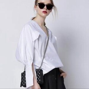 Caara Florentina V-Neck Cotton Poplin Top White Large Casual Business Casual